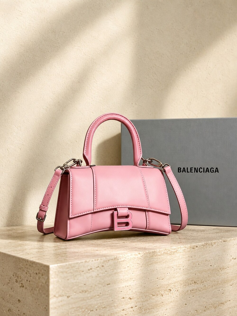 Light Pink Calfskin Top Handle Handbag | Balenciaga Hourglass XS
